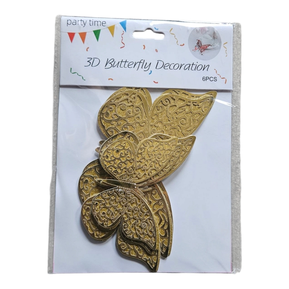 Party Time 6 Piece 3D Gold Butterfly Wall Decorations Cake Topper